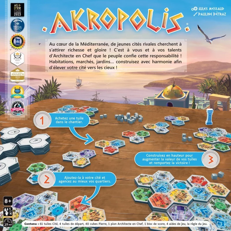 Gros plan sur les tuiles de quartiers du jeu Akropolis.