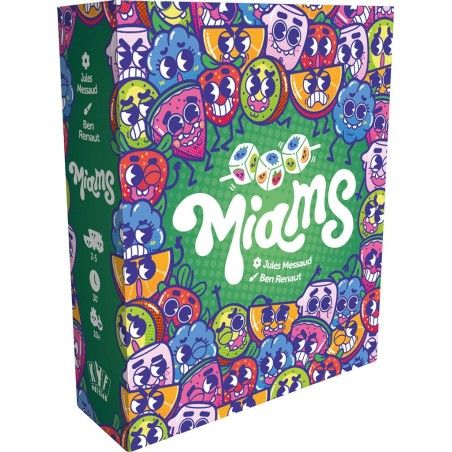 Gros plan sur les cartes et pions du jeu Miams.