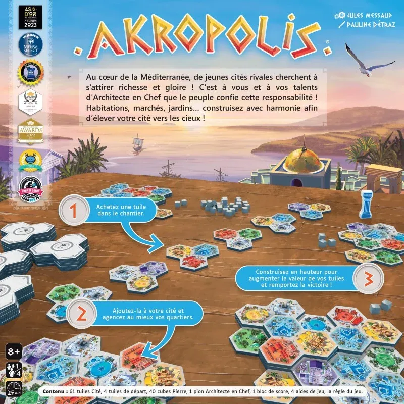 Vue générale des tuiles hexagonales et du matériel d'Akropolis.