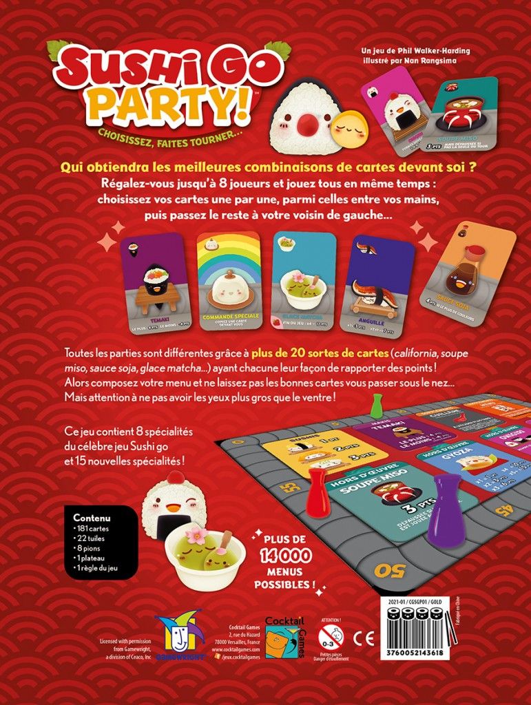 Vue générale du matériel de jeu Sushi Go Party