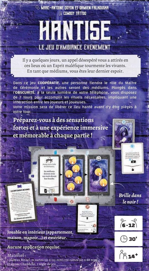 Vue générale du matériel et du plateau de jeu Hantise.