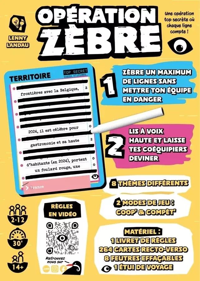 Vue générale du matériel et plateau du jeu Opération Zèbre.