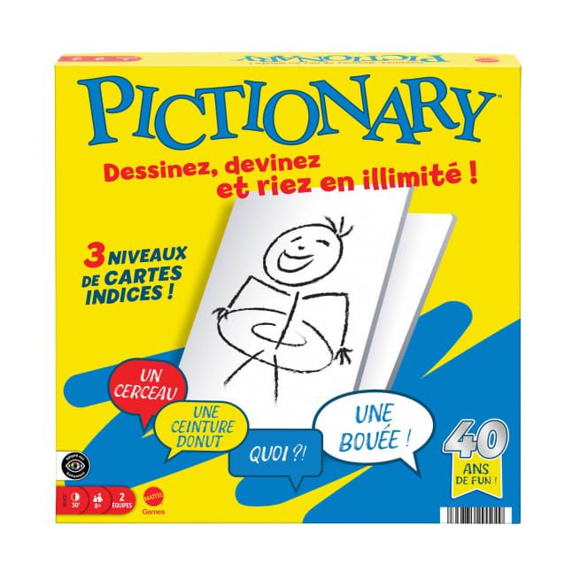 Boite du celebre jeu de dessin Pictionary de Mattel.