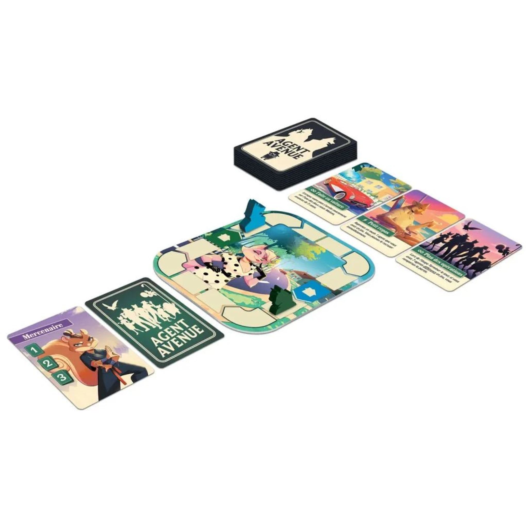 Détail des cartes et des pions du jeu Agent Avenue