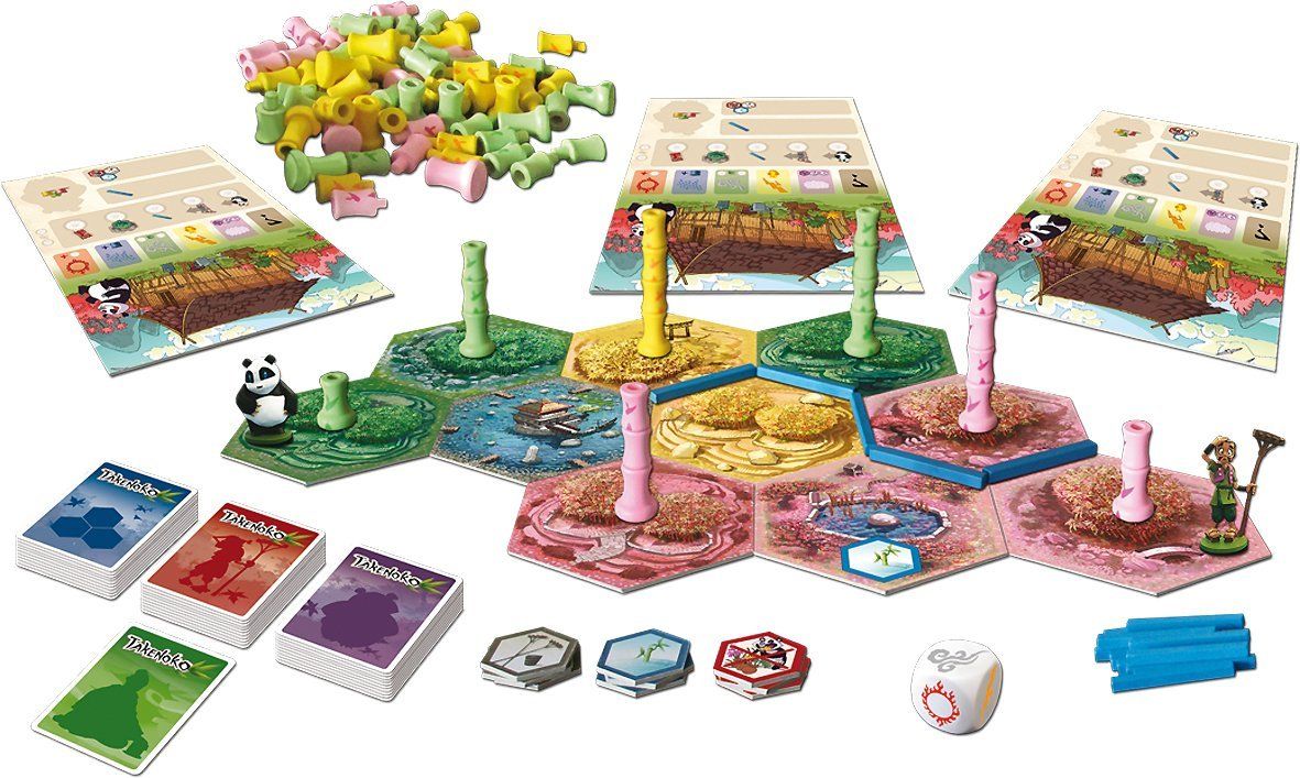 Vue generale du materiel et des tuiles du jeu Takenoko.