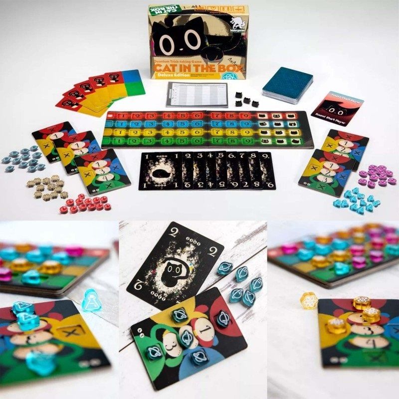 Vue générale du matériel du jeu Cat in the Box.