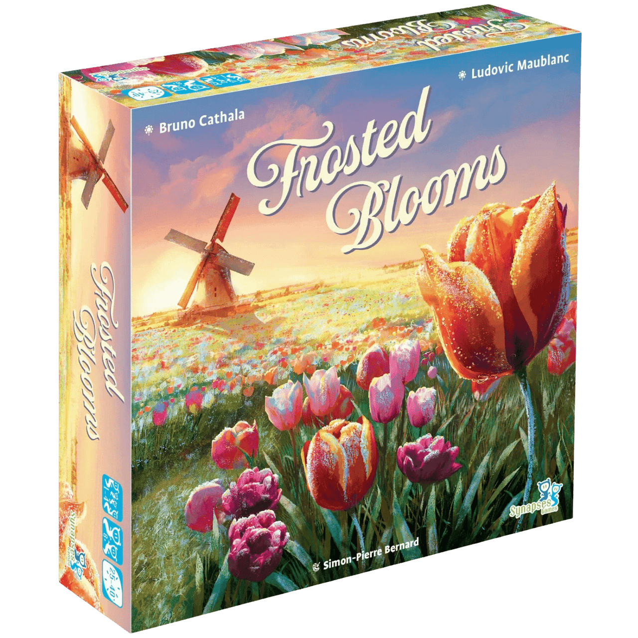 Vue générale du matériel et plateau du jeu Frosted Blooms.