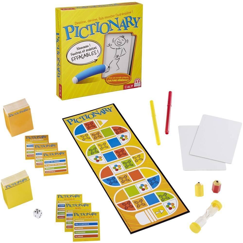 Plateau de jeu, sablier et accessoires complets du Pictionary.