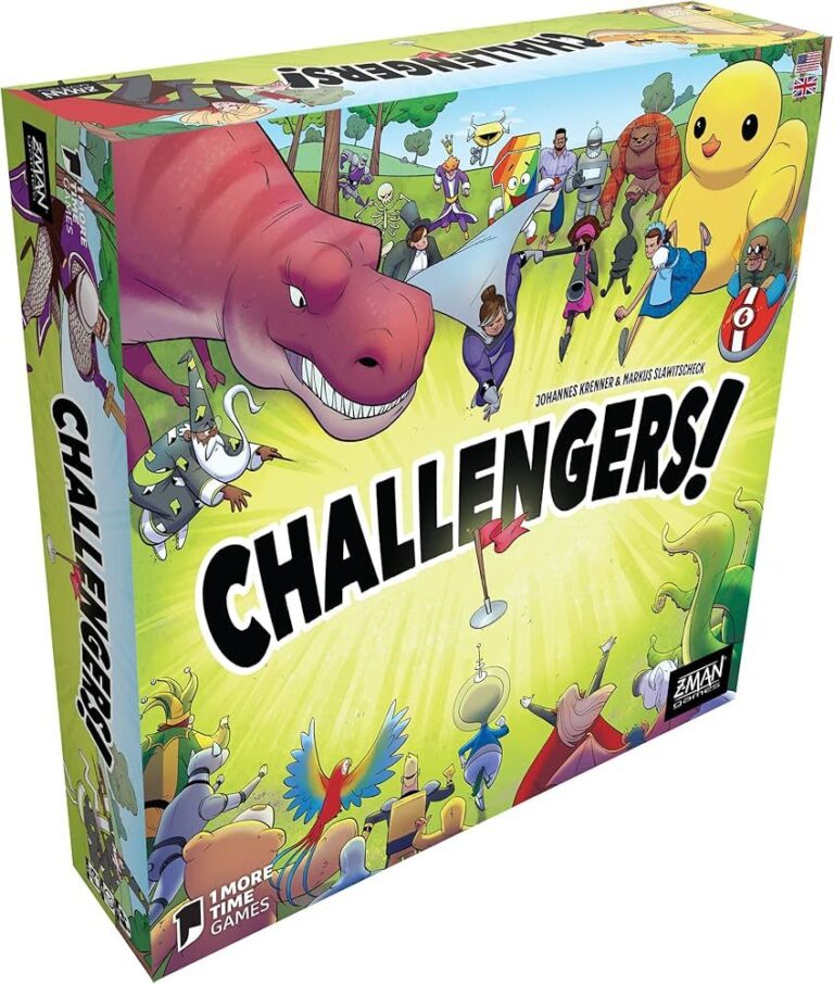 Boîte du jeu de société Challengers avec ses illustrations colorées