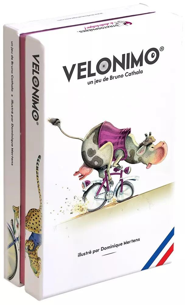 Boite du jeu de societe Velonimo avec des animaux cyclistes.