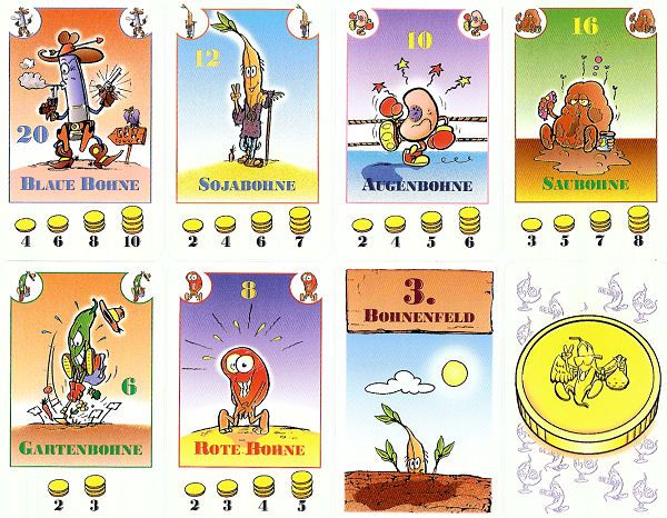 Gros plan sur les drôles de cartes haricots de Bohnanza.