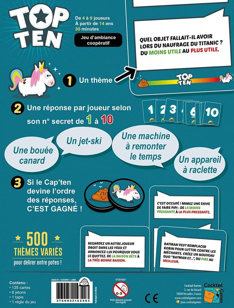 Détails des cartes et jetons licorne du jeu Top Ten.