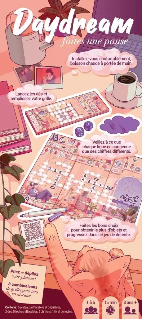 Détail des cartes illustrées et pions du jeu Daydream.