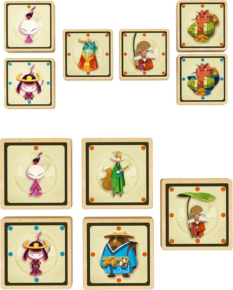 Détail des pions en bois illustrés de Yokai no Mori