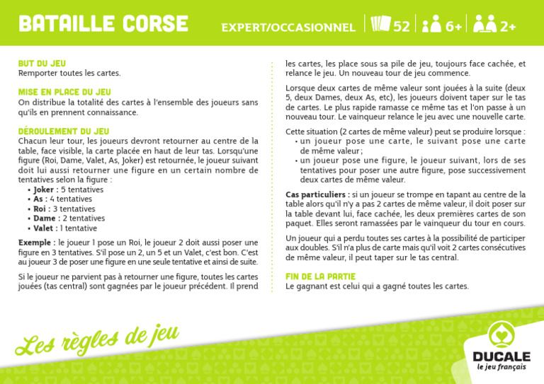 Paquet de cartes étalé pour jouer à la bataille corse.