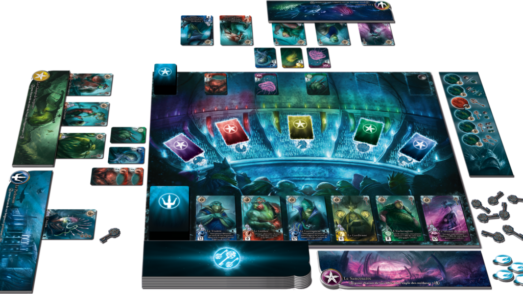 Vue générale du plateau et du matériel du jeu Abyss.