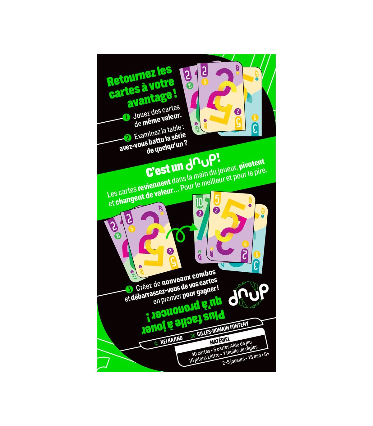 Vue générale du matériel pour le jeu Dnup
