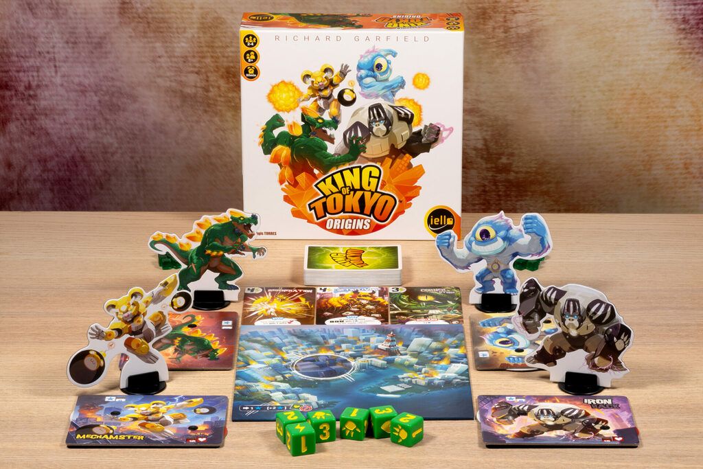 Détail des dés spéciaux et cartes de King of Tokyo.
