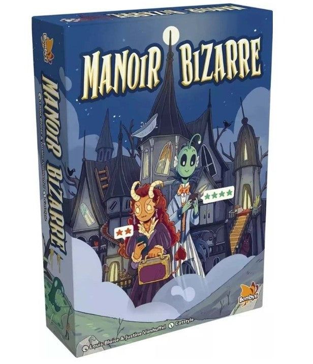 Vue générale du matériel du jeu de société Manoir Bizarre.