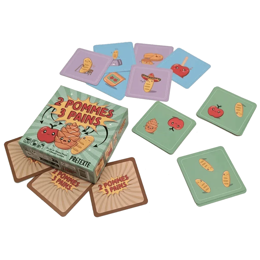 Vue générale du matériel du jeu 2 Pommes 3 Pains